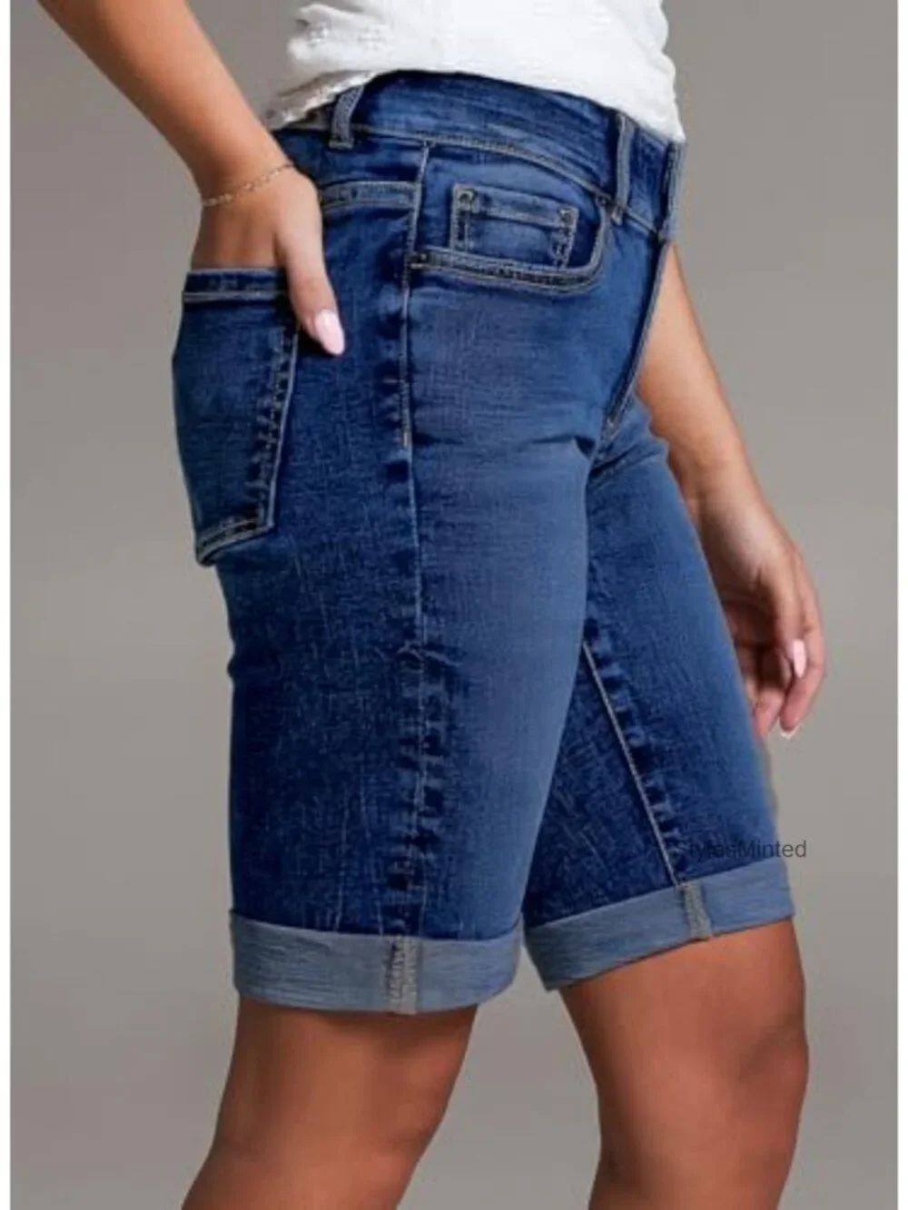 High Waisted Denim Bermuda Shorts Rolled Hem Stretchy Casual Summer